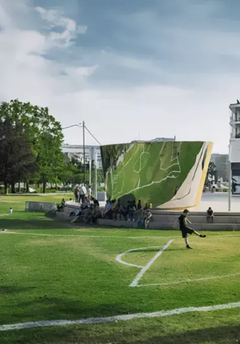 Feydball : Terrain de foot ubuesque &agrave; Nantes et son miroir anamorphique