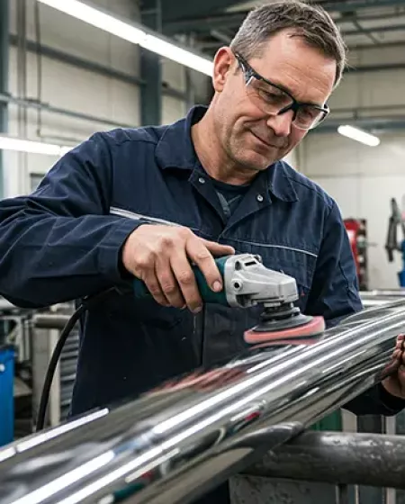 Technicien réalisant un poli miroir sur une barre de maintien en inox.
